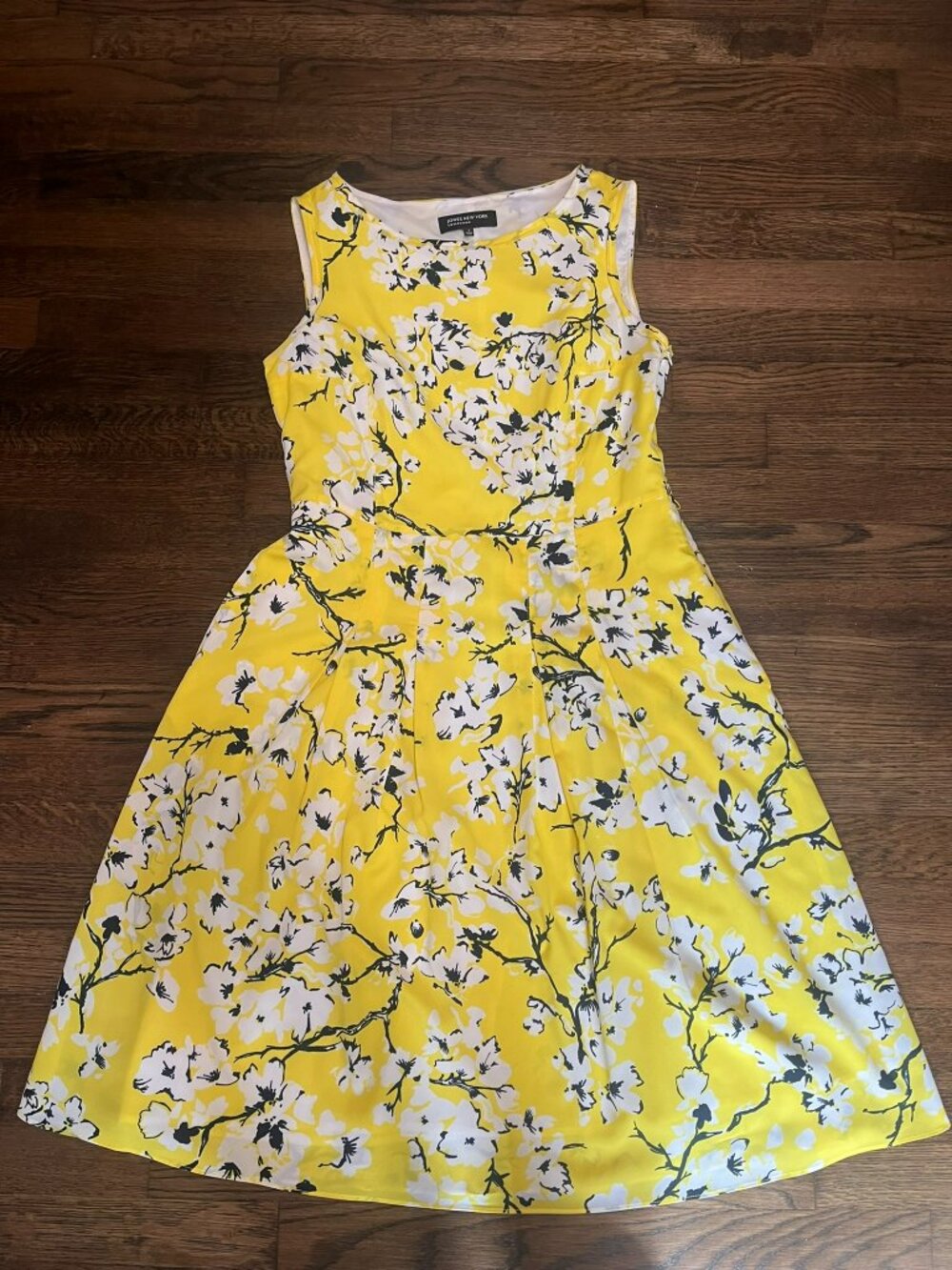 Jones New York Dress Womens Small Sleeveless Lined Fit & Flare Yellow Floral